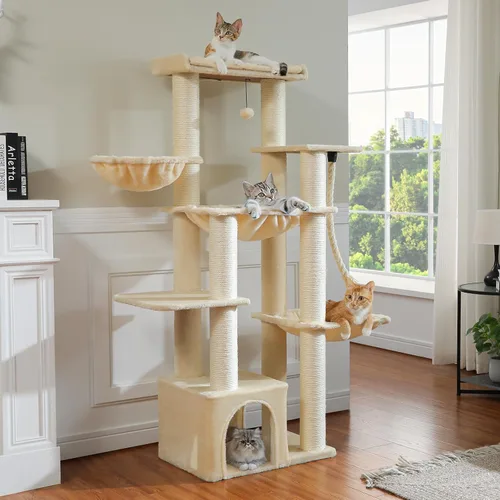 Vista 9 de MUTTROS Árbol para gatos de flores rosas de 50 pulgadas para gatos grandes y pesados, torre Maine Coon para gatos con postes rascadores extra