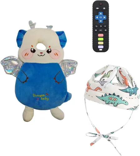 Vista 9 de Protector de Cabeza de Bebé Mochila con Almohada, Casco de Bebé para Gatear, Caminar y Juguetes para Dentición de Bebé Juego de 3 Piezas verde