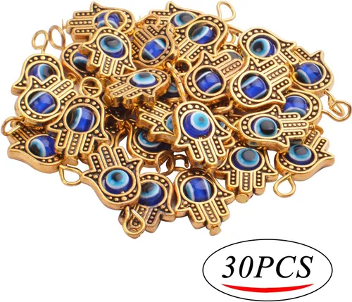 Vista 2 de 30 dijes antiguos de mano de Hamsa contra el mal de ojo de Fátima, accesorios de joyería para collares, pulseras, suministros de manualidades