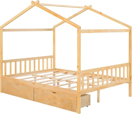 Vista 6 de Harper & Bright Designs Cama de casa de tamaño matrimonial para niños, marco de plataforma de madera Montessori con 2 cajones de almacenamiento
