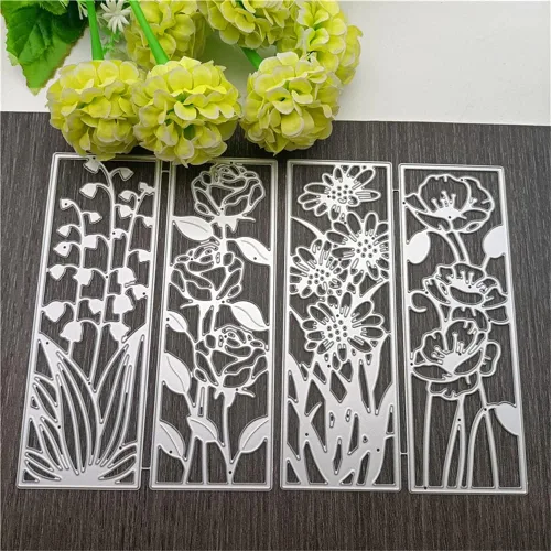 Vista 3 de 4 piezas de plantillas de fondo con forma de flor, plantillas de recorte de metal 3D, plantillas de flores rectangulares, hojas en relieve