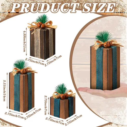 Vista 3 de 3 piezas de caja de regalos de madera de Navidad, decoración de centros de mesa de regalos a cuadros navideños, decoración de bandeja escalonada
