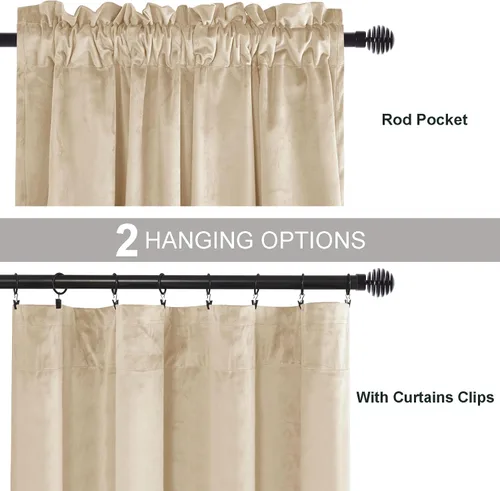 Vista 3 de JIUZHEN Cortinas de terciopelo beige de 63 pulgadas de ancho x 63 pulgadas de largo, cortinas de terciopelo retro suaves con bolsillo para barra