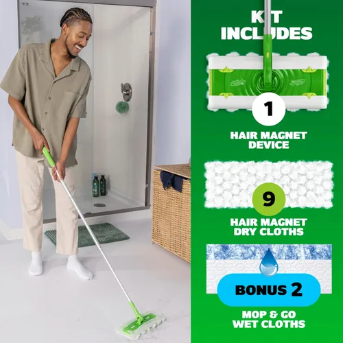 Vista 9 de Swiffer Kit de iniciación de lujo para el cabello con poste plegable, 9 paños secos con imán para el cabello, 2 paños húmedos adicionales para mopa