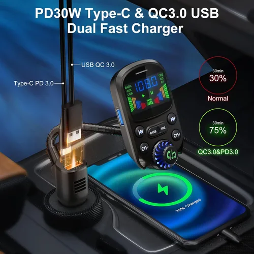 Vista 9 de Transmisor FM Bluetooth 5.3 para coche SOARUN Adaptador Bluetooth para automóvil PD30W y puerto USB, carga rápida, reproductor de agudos y graves