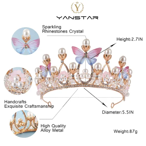 Vista 3 de Tiaras de princesa para niñas, corona de cumpleaños para niñas, mariposa, princesa, disco de rendimiento, modelo de cabello, pasarela, tiara