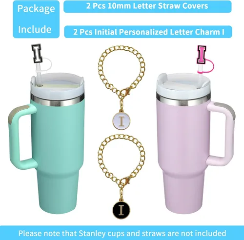 Vista 3 de Stanley - 2 fundas de popote para tazas de 30 y 40 onzas, 0.394 in de silicona con 2 dijes de letras personalizados, nombre de identificación