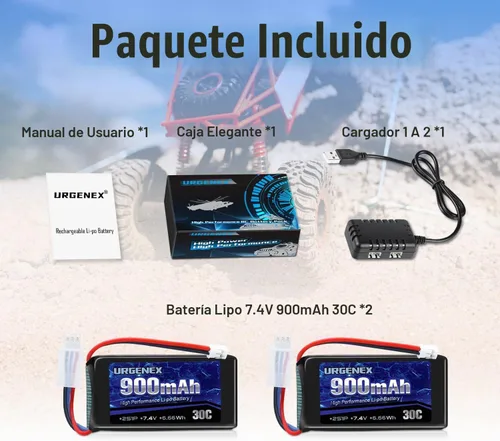 Vista 7 de SCX24 Batería 7.4V Lipos 2S 30C (Ráfaga 60C) 900mAh Batería de Litio Recargable con Enchufe PH2.0 Compatible con la mayoría de coches RC, camiones