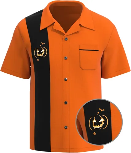 Vista 2 de Jack O' Lantern Pumpkin Halloween disfraz divertido botón abajo manga corta Bowling Shirt