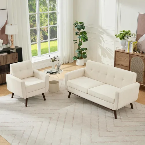 Vista 20 de Kingfun Juegos de muebles de sala de estar, estándar y otomano, sofás de decoración moderna de mediados de siglo, muebles tapizados con botones Beige