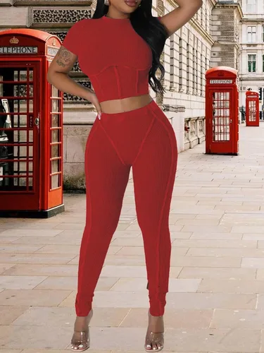 Vista 5 de acelyn Conjunto de entrenamiento casual para mujer, trajes de 2 piezas para verano, acanalados, manga corta, top corto y leggings de cintura alta