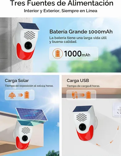 Vista 6 de PILSAMAS Alarma solar con sensor de movimiento con carga de voz personalizada: generador de ruido fuerte de 120 dB y luces estroboscópicas, control