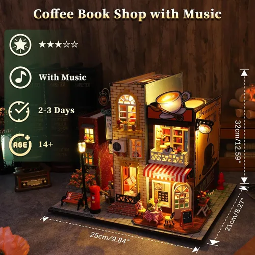 Vista 2 de Kit de casa en miniatura para hacer bricolaje, kit de casa de muñecas en miniatura, rompecabezas de madera 3D de café con fundas LED a prueba