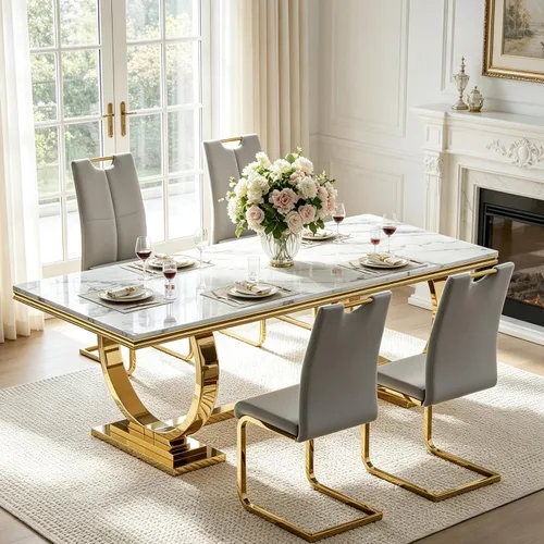 Vista 36 de Juego de mesa de comedor de mármol para 4, mesa de cocina rectangular de mármol blanco de 70 pulgadas con base en O de acero inoxidable dorado