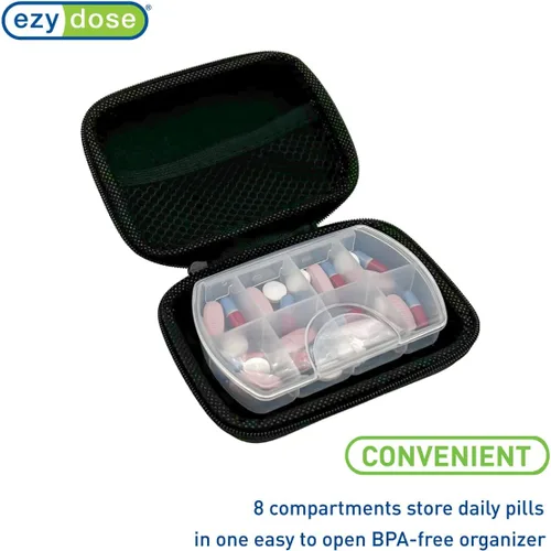 Vista 4 de EZY DOSE Pastillero de farmacia de bolsillo rígido, con bolsa con cremallera, diseño fácil de usar, portátil y perfecto para el uso diario, 8 Negro