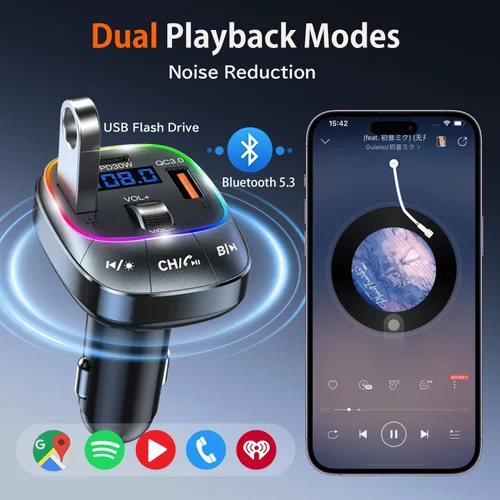 Vista 5 de Redroman Adaptador de coche USB C Bluetooth 5.4 para llamadas manos libres y carga rápida de 48 W, transmisor FM inalámbrico receptor de audio