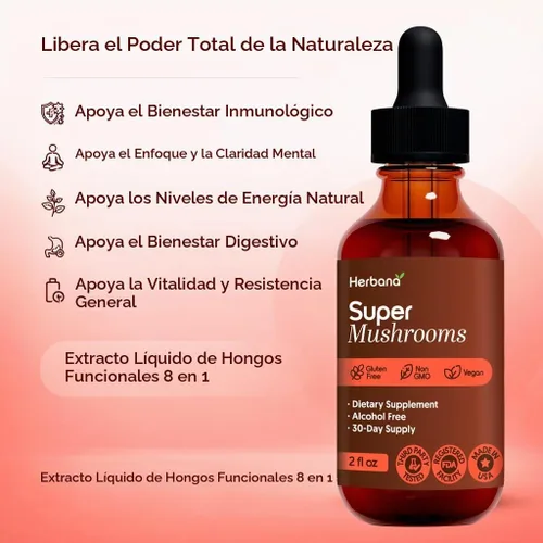 Vista 2 de Super Mushroom Complex 8 en 1 Extracto líquido – Gotas de 2 onzas líquidas con melena de león Reishi Cordyceps Chaga Maitake cola de pavo Shiitake