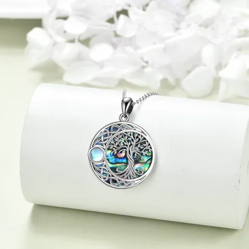 Vista 3 de ONEFINITY Collar de plata de ley 925 con diseño de árbol de la vida con colgante de nudo celta de concha de abulón para mujer