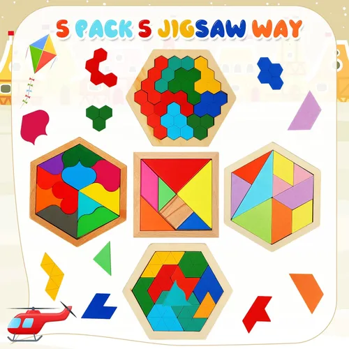 Vista 2 de Paquete de 5 rompecabezas de madera Tangram para niños, rompecabezas hexagonal de madera, rompecabezas de bloques de formas geométricas
