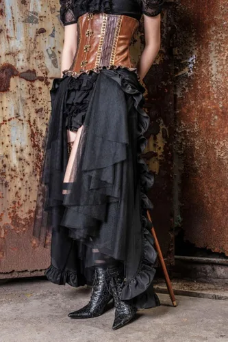 Vista 6 de HaoLin Steampunk Retro Victorian Punk Cincher Lace Up Long Ruffle Falda lápiz Negro, Negro