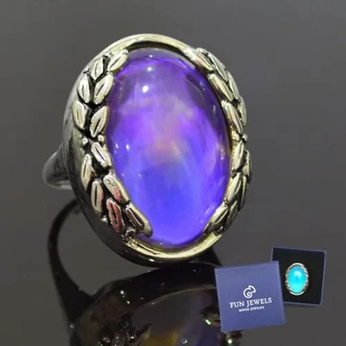 Vista 8 de Anillo de estado de ánimo ovalado de hoja de piedra con cambio de color plateado antiguo, tamaño 6-10 para mujer