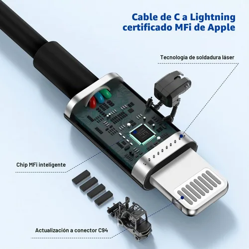 Vista 3 de Cargador de coche para iPhone 14 13, [certificado Apple MFi] Adaptador rápido USB C de 45 W de doble puerto USB C para automóvil con cable Lightning