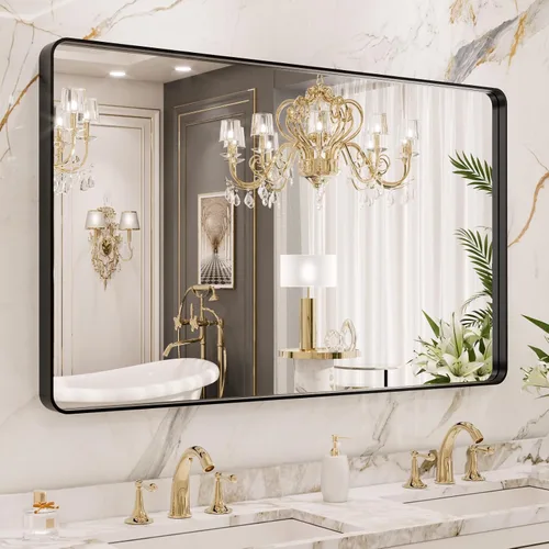 Vista 37 de LOAAO 20x16 Pulgadas Espejo de Baño con Marco de Metal Negro para Pared, Espejo de Tocador de Baño de Estilo Granja, Espejo Grande Rectangular