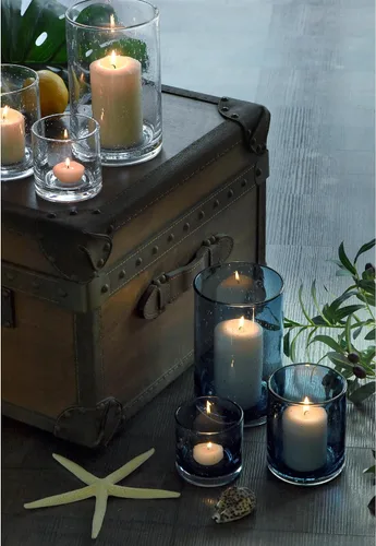 Vista 4 de Portavelas Azul para Velas de Pilar y Té, Jarrones Cilíndricos de Cristal con Burbujas Modernas Estilo Huracán, Centros de Mesa para Cocina, Isla