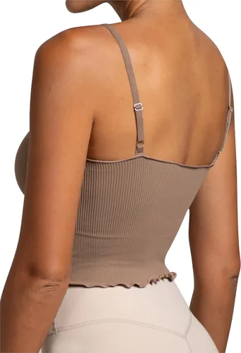 Vista 5 de Sunzel Womens Seamless Tank Tops V Neck Ribbed Cropped Tops with Ruffles and Adjustable Straps for Workout Yoga