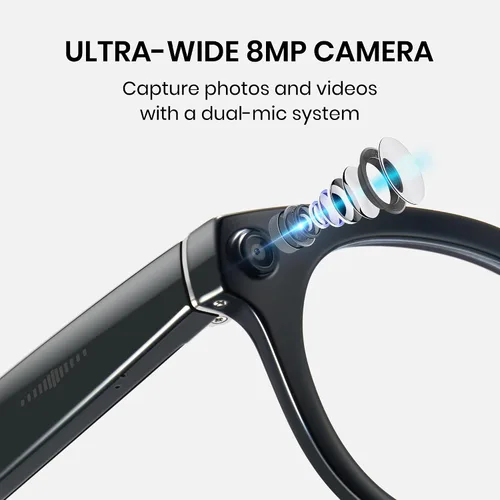 Vista 8 de Cyxus Lentes de cámara inteligente AI, lente de 8 MP, fotos 4K y grabación de video 1080P traducción AI Q&A Traducción TR90 Marco ligero Bluetooth