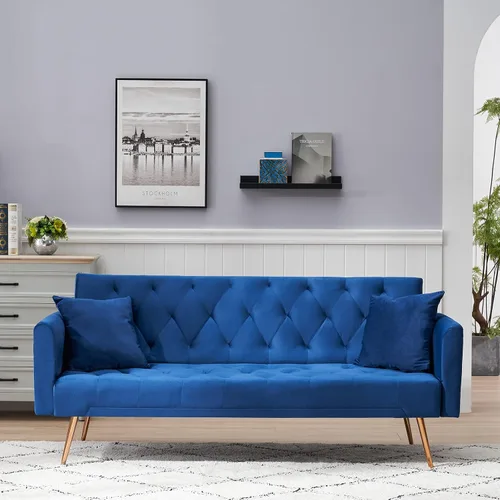 Vista 9 de Sofá cama futón de terciopelo con 2 almohadas, sofá cama convertible con respaldo ajustable de 3 ángulos, sofá biplaza moderno con 4 patas de metal