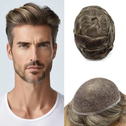 Vista 66 de Peluca de cabello humano con encaje completo, línea capilar real, para hombre, peluca de cabello con nudo blanqueado, pieza de pelo para hombres