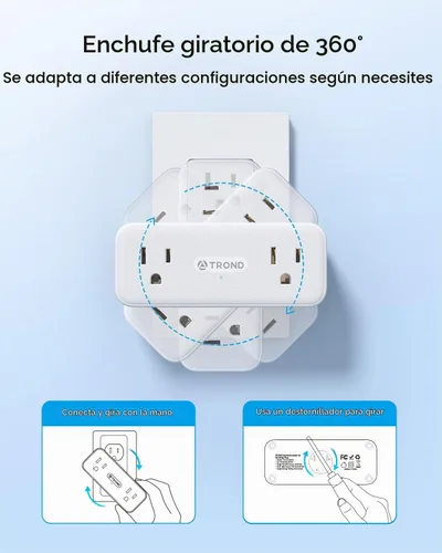 Vista 3 de TROND Extensor de toma de corriente con enchufe giratorio 360, divisor de enchufe de 3 vías con 6 enchufes a tierra, protector de sobretensiones