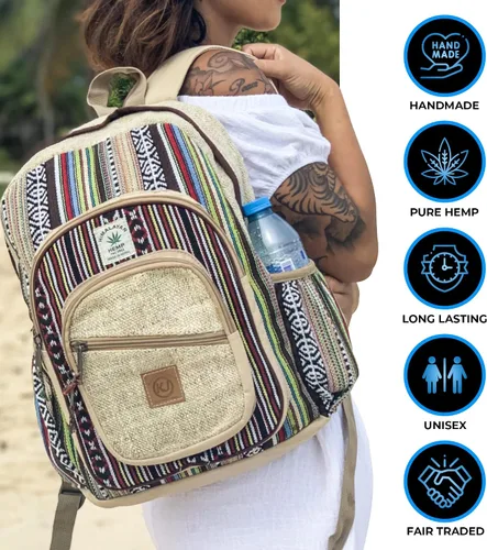 Vista 2 de KayJayStyles Natural - Mochila grande de cáñamo Nepal hecha a mano, BKPK-2, Computadora portátil