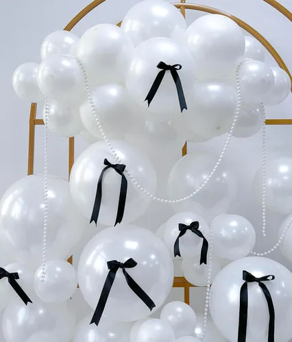 Vista 12 de Kit de arco de globos de 185 piezas negros y de arena de perlas doble relleno con lazos y perlas de imitación, globos negros y blancos