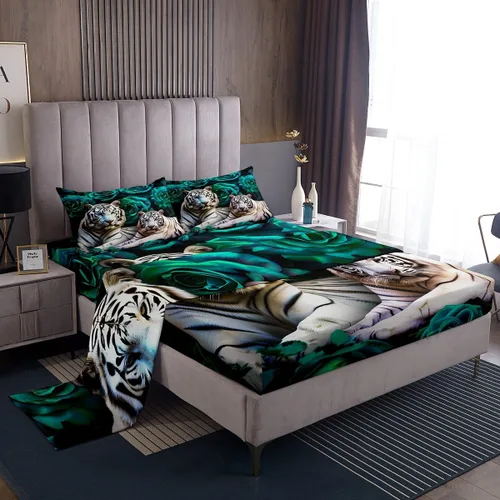 Vista 30 de Erosebridal Sábanas de cama de guepardo con rosa roja, juego de sábanas de bolsillo profundo con estampado de leopardo y gato, sábana bajera