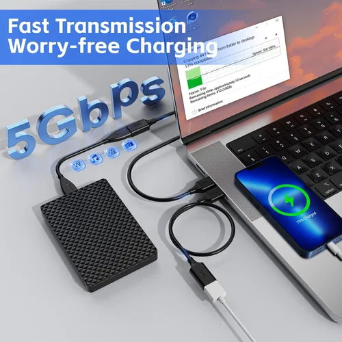 Vista 3 de Cable de extensión USB 3.0 de 7 pies, paquete de 2, USB A hembra a macho, compatible con unidad flash, disco duro, lector de tarjetas, cámara web