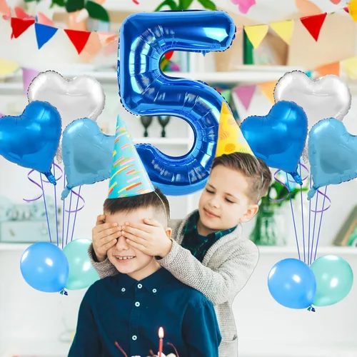 Vista 5 de Biapian - Globos azules de 1 metro con número 5, globo grande con número 5, con globos de 46 cm en forma de corazón de lámina azul oscuro