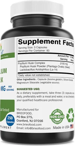Vista 2 de Brieofood Suplemento de fibra de cáscara de psyllium con Lactobaciilus Acidophillus (La-14) – 2100 mg por porción – 250 cápsulas – Ayuda a apoyar