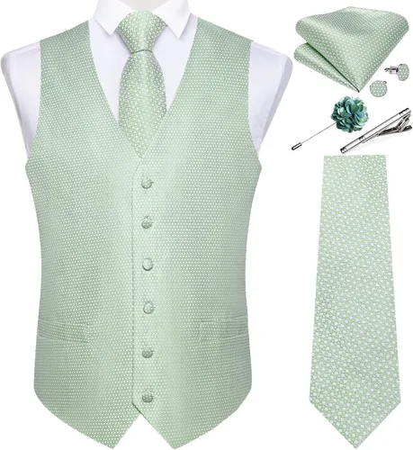 Vista 31 de DiBanGu Juego de chaleco y corbata para hombre, chaleco formal de cachemira y corbata con bolsillo cuadrado y gemelos, de seda, para traje o Verde
