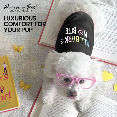 Vista 5 de Parisian Pet Camiseta para perro – Bordado 'All Bark No Bite ' 100% algodón, ropa para perros – Chaleco sin mangas para mascotas – Camisas lavables