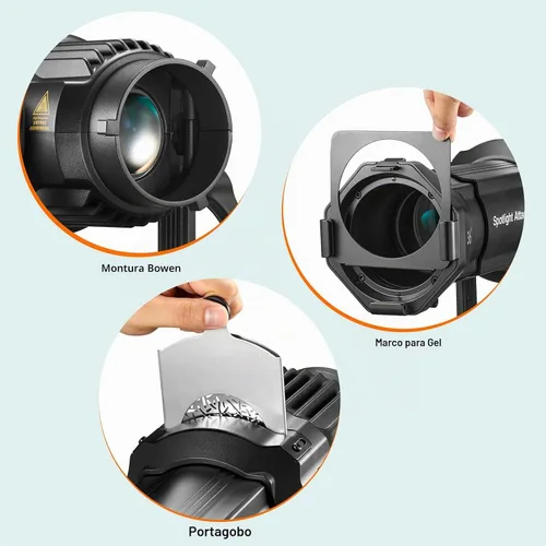Vista 3 de Godox VSA-19K - Kit de accesorios de foco, Snoot cónico con lente de proyección de 19° y 9 Gobos para flash de montaje Bowens, Speedlite, monoluz