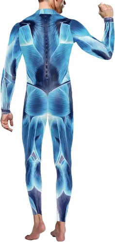 Vista 2 de Disfraz divertido de Halloween para hombre, diseño de esqueleto, overol para cosplay Azul