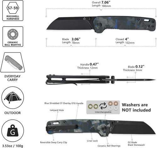 Vista 2 de QSP Penguin V2 - Cuchillo de bolsillo plegable, hoja D2 de 3.06" de lavado de piedra negra, mango G10 con superposición CF triturada azul, bloqueo