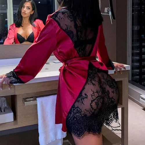 Vista 4 de MEOILCE Lencería Sluttly para mujer con encaje en la espalda, babydoll traslúcido, kimono exótico, babydoll para sexo travieso, Azul Patchwork
