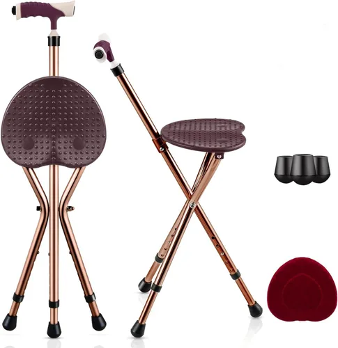 Vista 9 de GYMAX Combo de silla de bastón, asiento plegable de caña con luz LED, tabla de asiento de masaje y mango ergonómico, bastón antideslizante ajustable