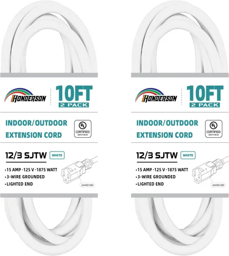 Vista 9 de Cable de extensión resistente a la intemperie con extremo iluminado, certificado UL, calibre 10, 3 pies, color blanco, 3 clavijas, resistente, cable