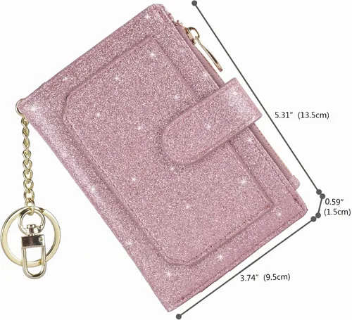 Vista 5 de Carteras para mujer RFID pequeñas y compactas de cuero con doble pliegue, con bolsillo con cremallera, medio, Compacto Purpurina púrpura claro