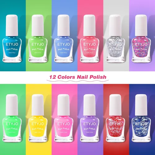 Vista 2 de Esmalte de uñas para niños - 12 colores de esmaltes de uñas arcoíris, juego de esmalte de uñas no tóxico a base de agua que se despega, juego