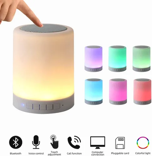 Vista 4 de KPR Altavoz Bluetooth con luz nocturna, altavoces Bluetooth inalámbricos portátiles, luz de mesa de noche con control táctil, altavoces al aire